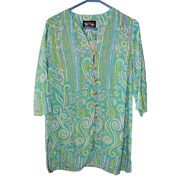 Bob Mackie Wearable Art Tunic Turquoise Green Swirls Strips Button Up Top Small - Picture 1 of 5